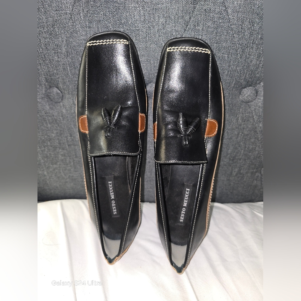 Sesto Meucci Black With Brown Accent Leather Loafers Size 8 * Italian Made